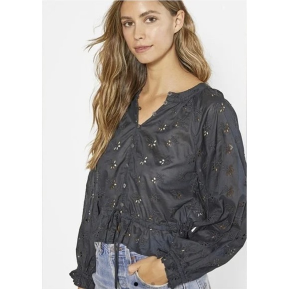 Outerknown Tops - Outerknown Poet Blouse Top Black Eyelet Organic Cotton Casual Peplum NEW XS